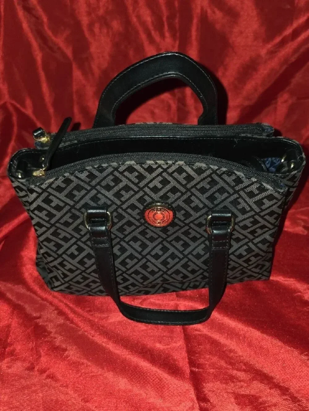 Tommy Hilfiger Black and Gray Monogram Satchel with Gold Accent